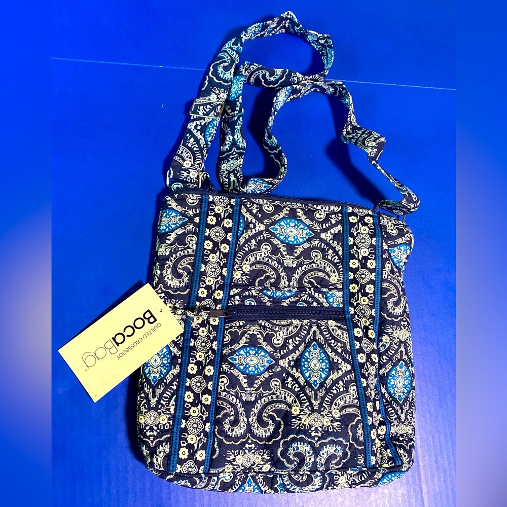 BocaBag NWT Quilted Crossbody Blue Patterned Bag w/Adjustable Shoulder Strap